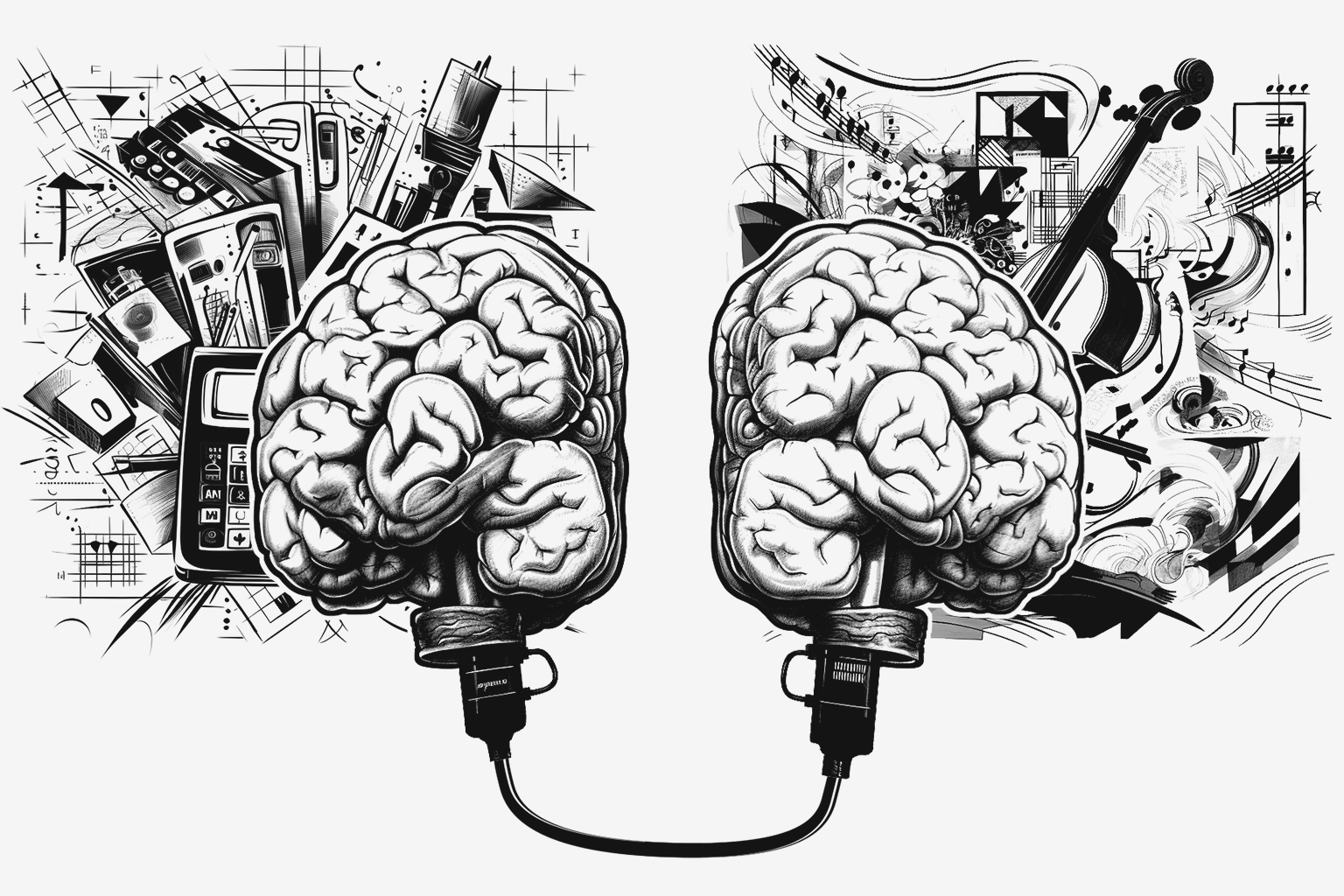 Eine Illustration die die zwei menschlichen Gehirnhälften zeigt, die mit einem dicken Kable zusammengeschlossen sind